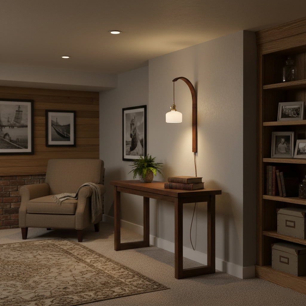 Curved Ceramic Wall Light with Walnut Finish – Plug-in Design
