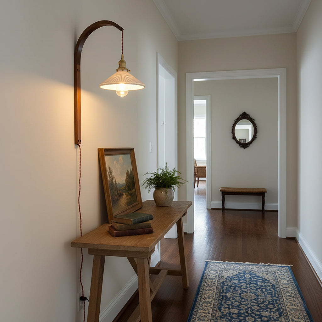 Curved Ceramic Wall Light with Walnut Finish – Plug-in Design