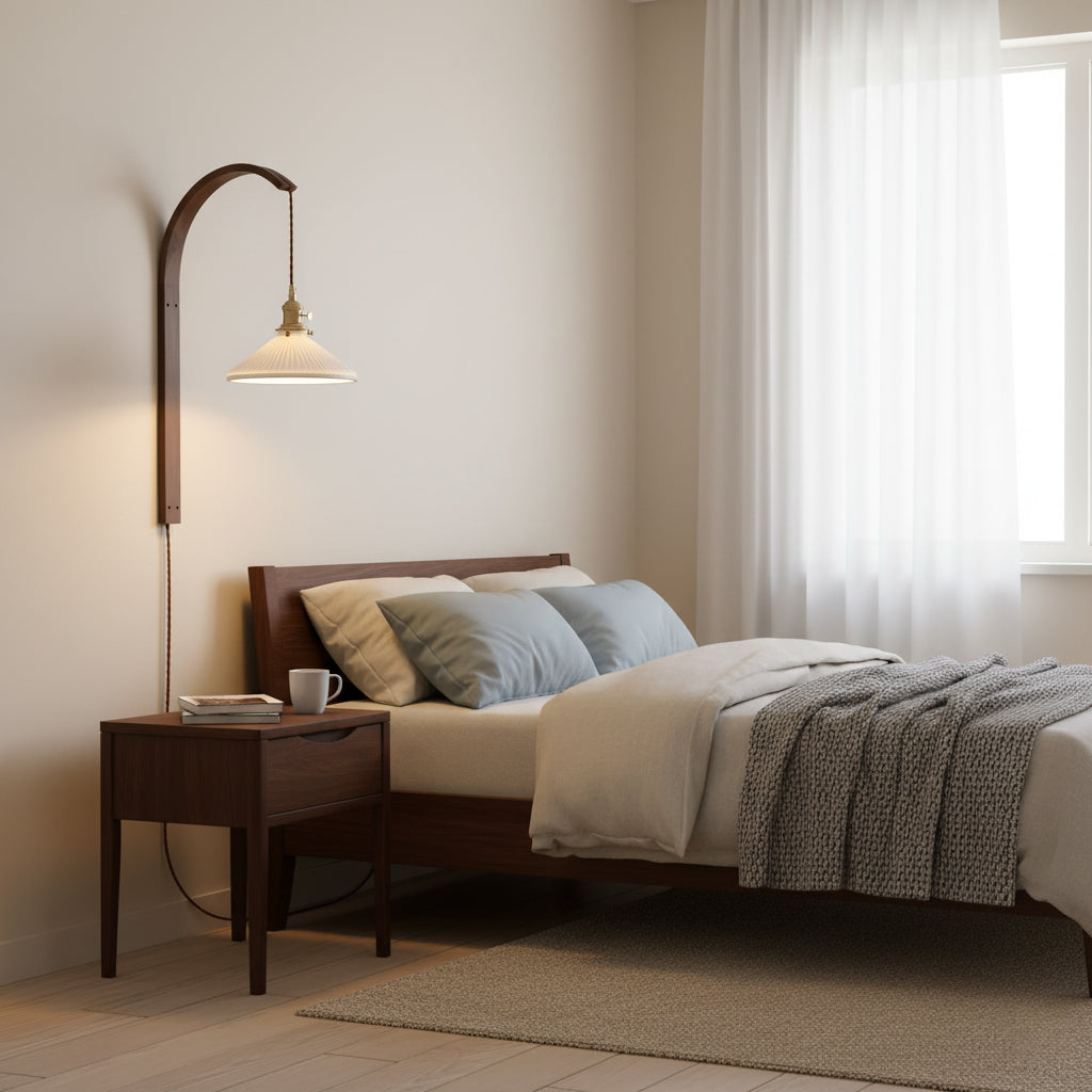 Curved Ceramic Wall Light with Walnut Finish – Plug-in Design