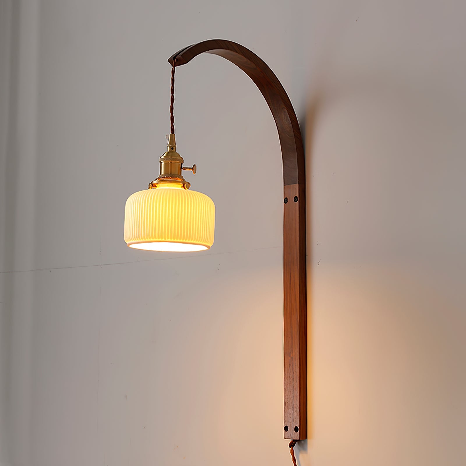 Curved Ceramic Wall Light with Walnut Finish – Plug-in Design