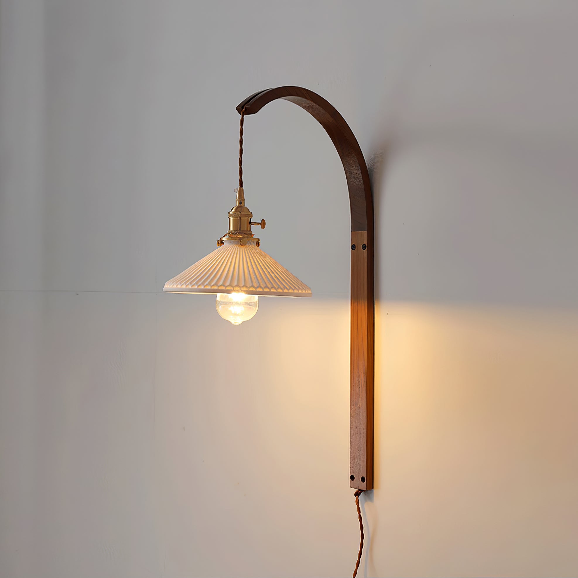 Curved Ceramic Wall Light with Walnut Finish – Plug-in Design