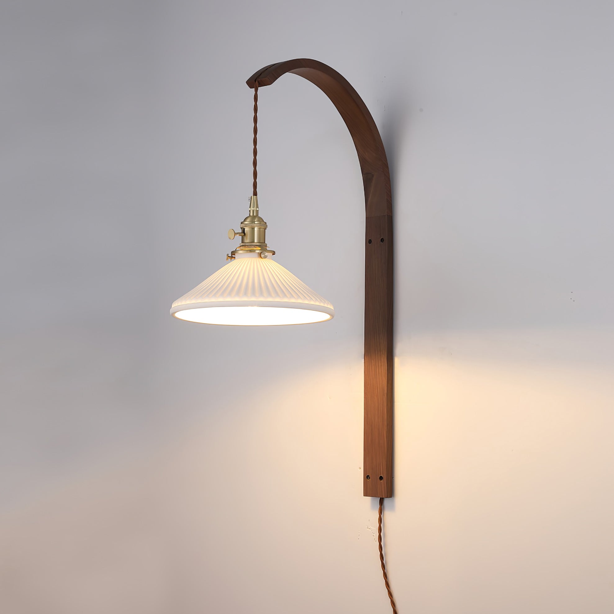 Curved Ceramic Wall Light with Walnut Finish – Plug-in Design