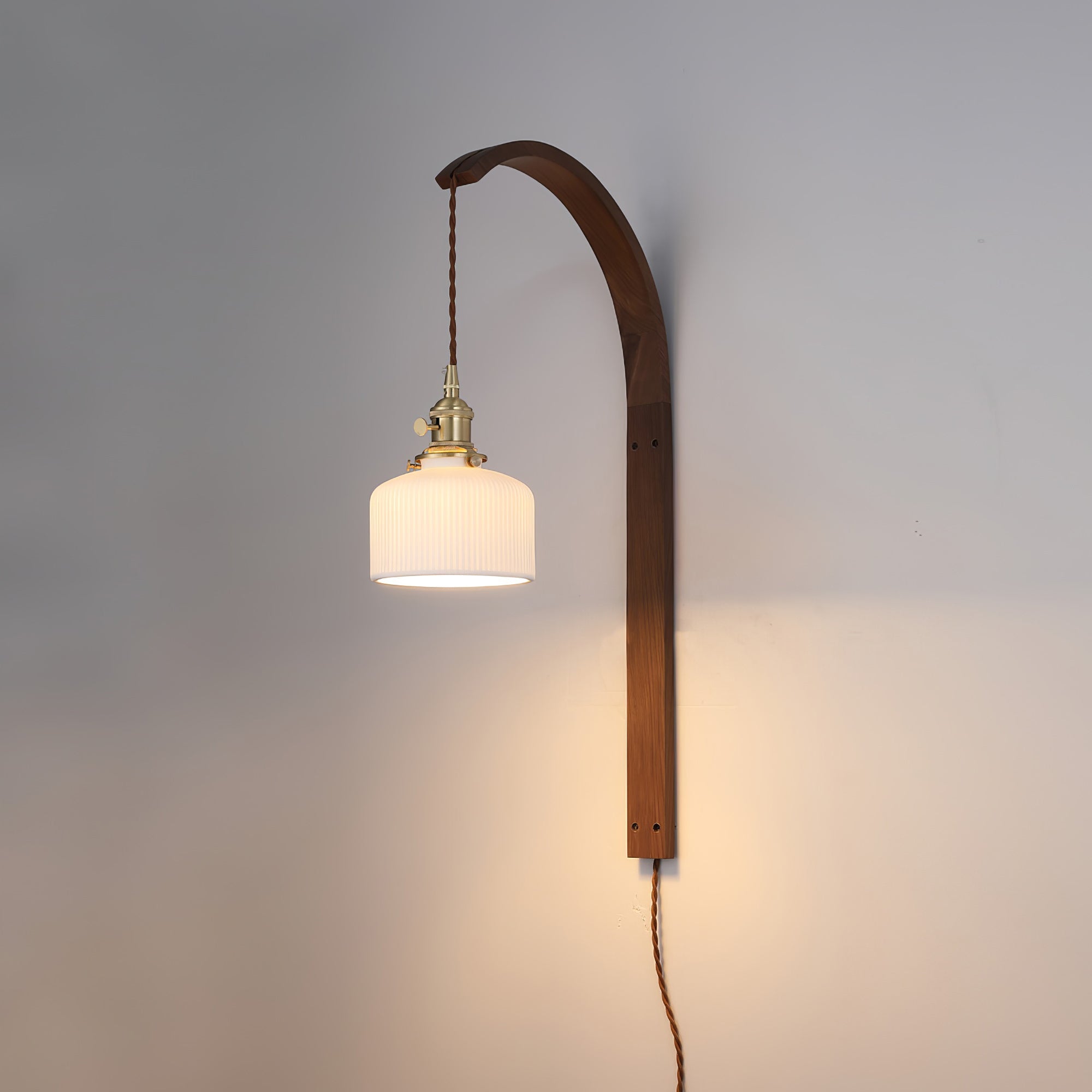 Curved Ceramic Wall Light with Walnut Finish – Plug-in Design