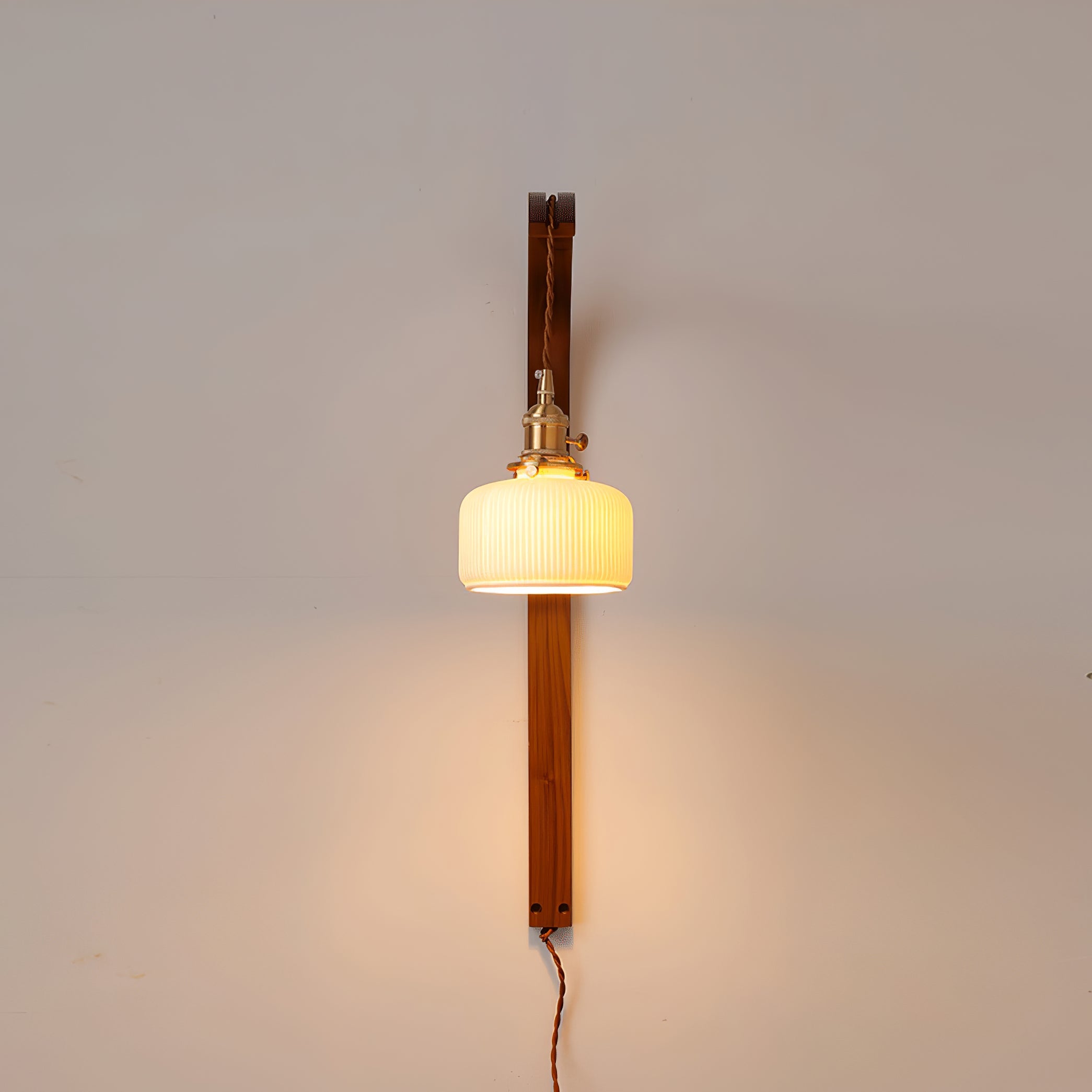 Curved Ceramic Wall Light with Walnut Finish – Plug-in Design