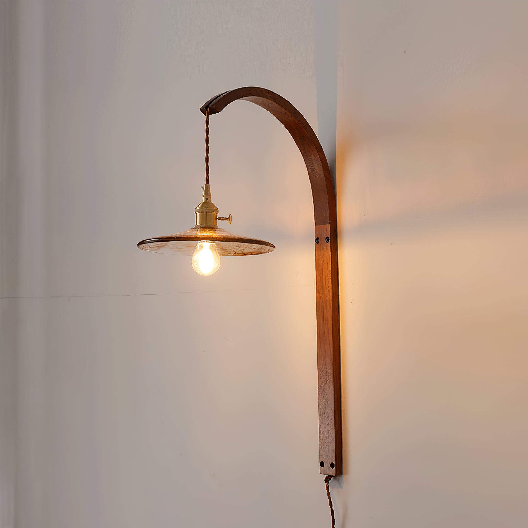 Curved Ceramic Wall Light with Walnut Finish – Plug-in Design
