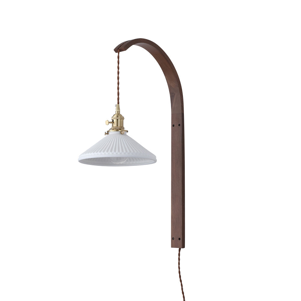 Curved Ceramic Wall Light with Walnut Finish – Plug-in Design