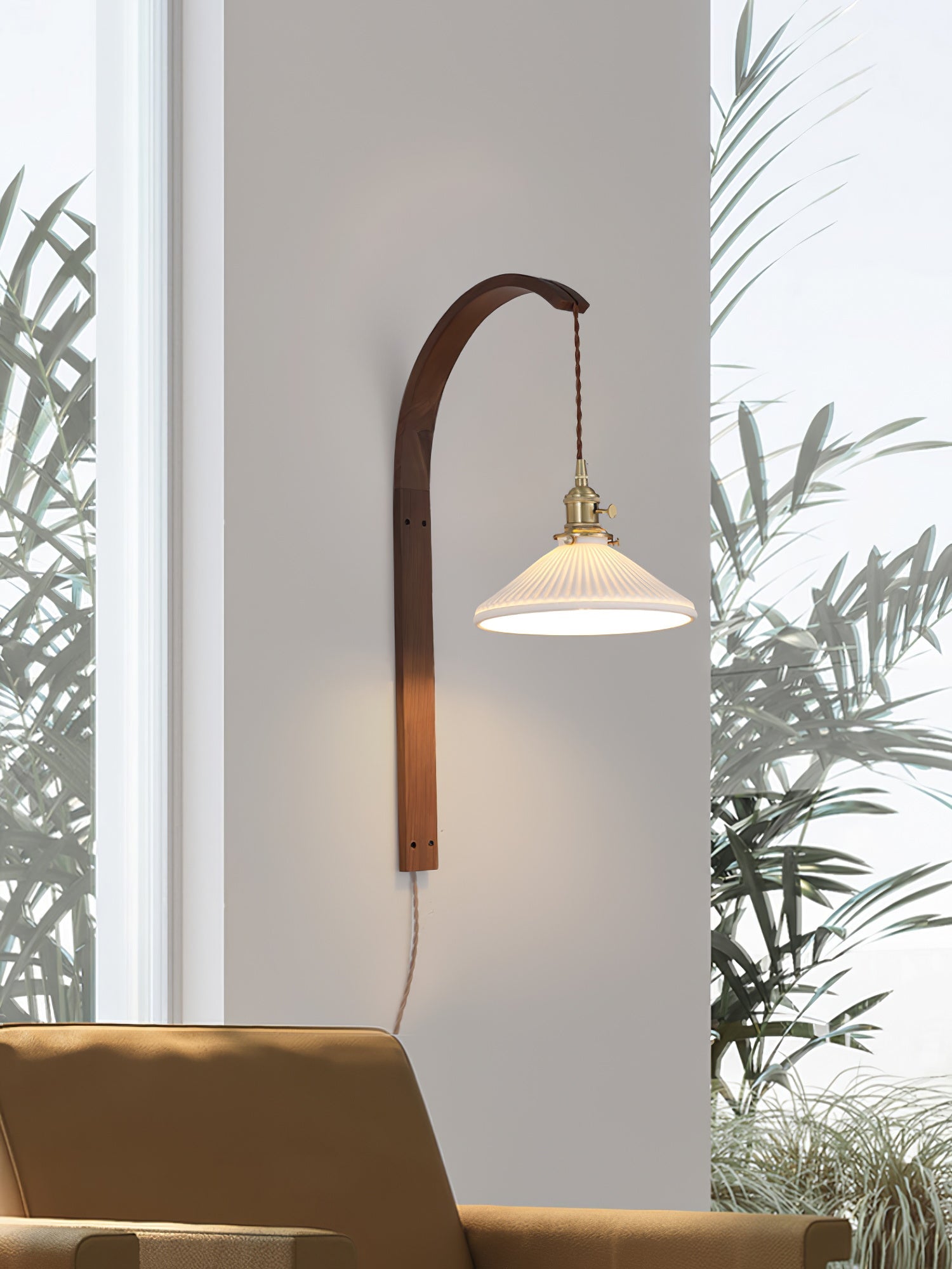 Curved Ceramic Wall Light with Walnut Finish – Plug-in Design
