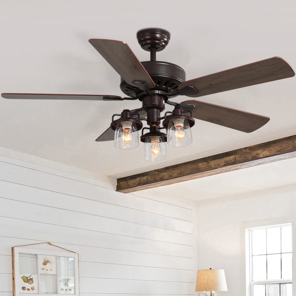 Rustic 52-Inch Wood Ceiling Fan with Remote and 3 LED Lights - Atelier Dubois Paris