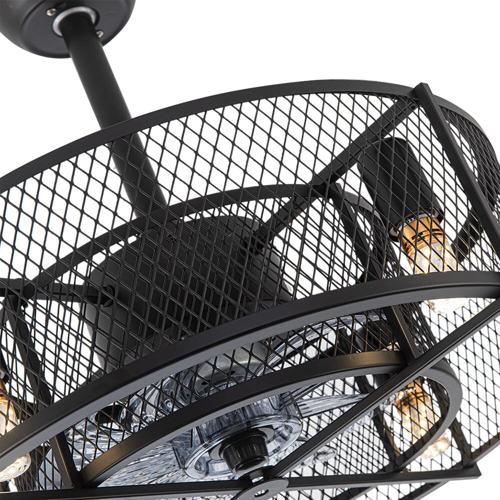 Contemporary Black Ceiling Fan with Metal Mesh Cage and 30W Light