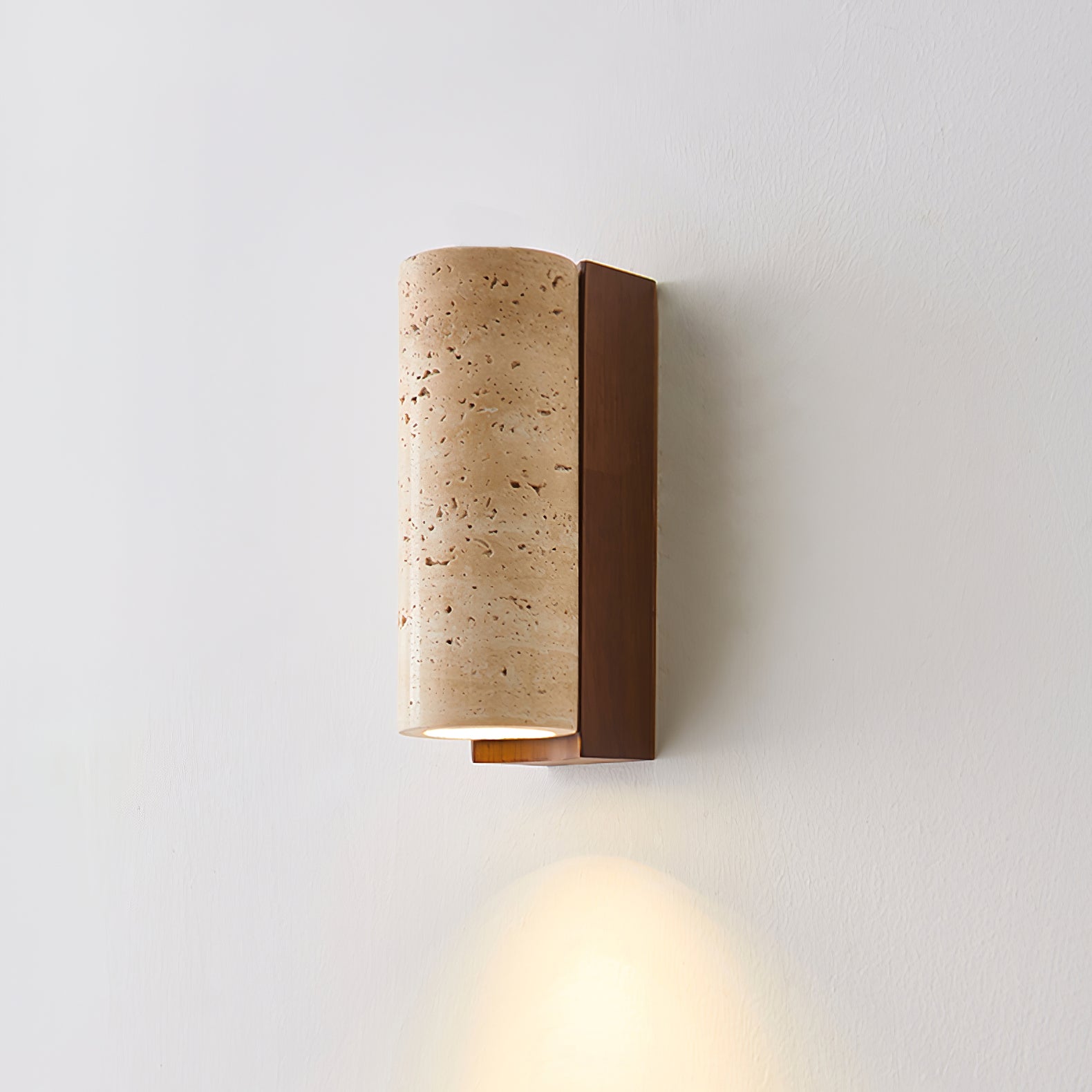 Minimalist Travertine Wall Light – Curved Shade with Wooden Accent Detail
