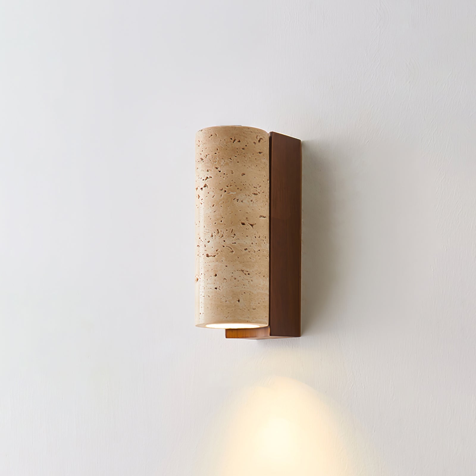Minimalist Travertine Wall Light – Curved Shade with Wooden Accent Detail