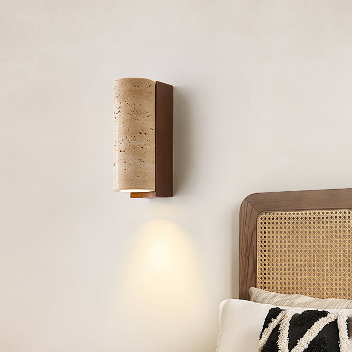Minimalist Travertine Wall Light – Curved Shade with Wooden Accent Detail