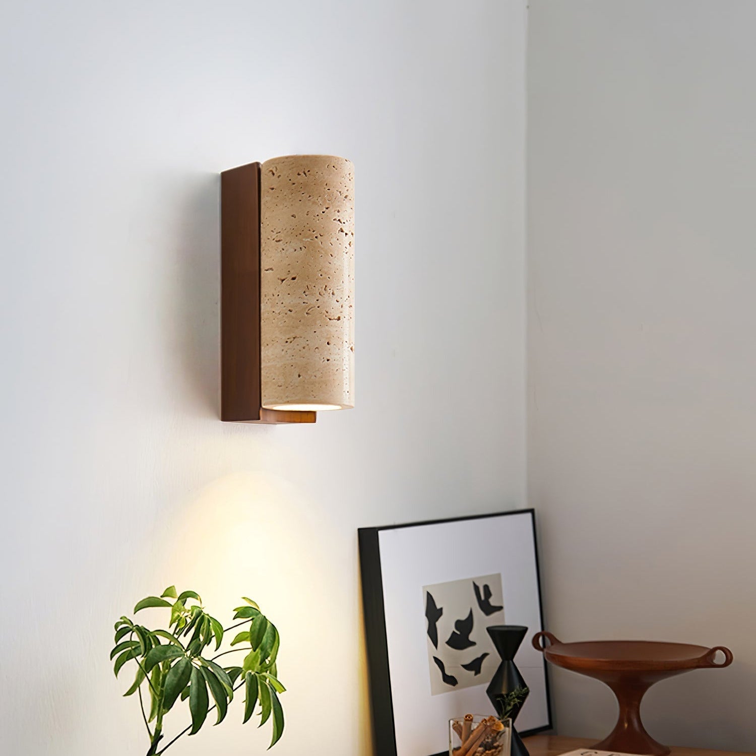 Minimalist Travertine Wall Light – Curved Shade with Wooden Accent Detail