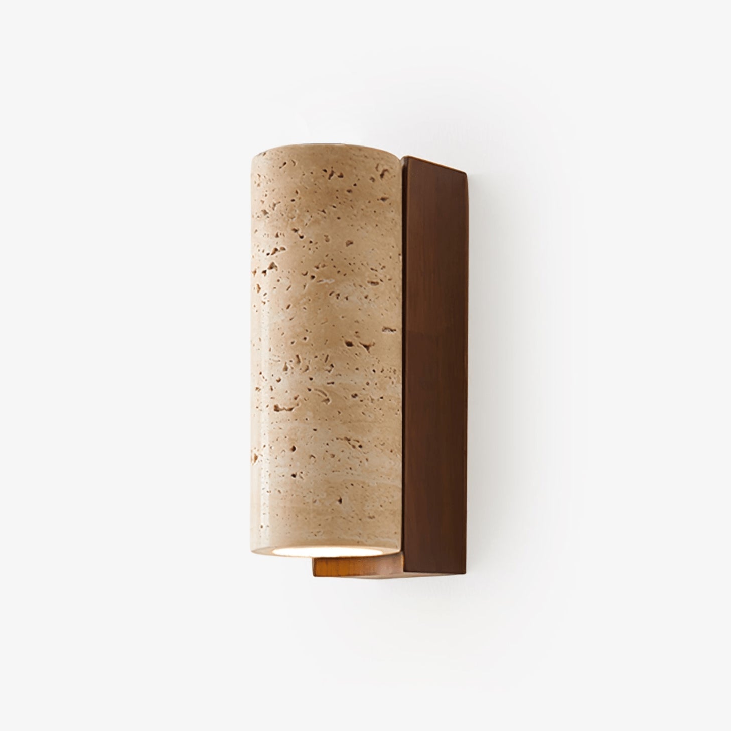 Minimalist Travertine Wall Light – Curved Shade with Wooden Accent Detail