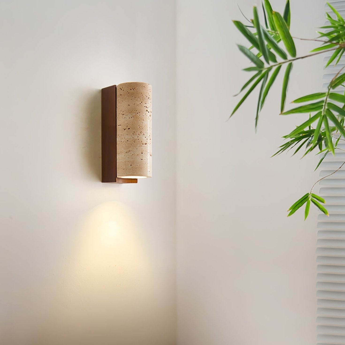 Minimalist Travertine Wall Light – Curved Shade with Wooden Accent Detail