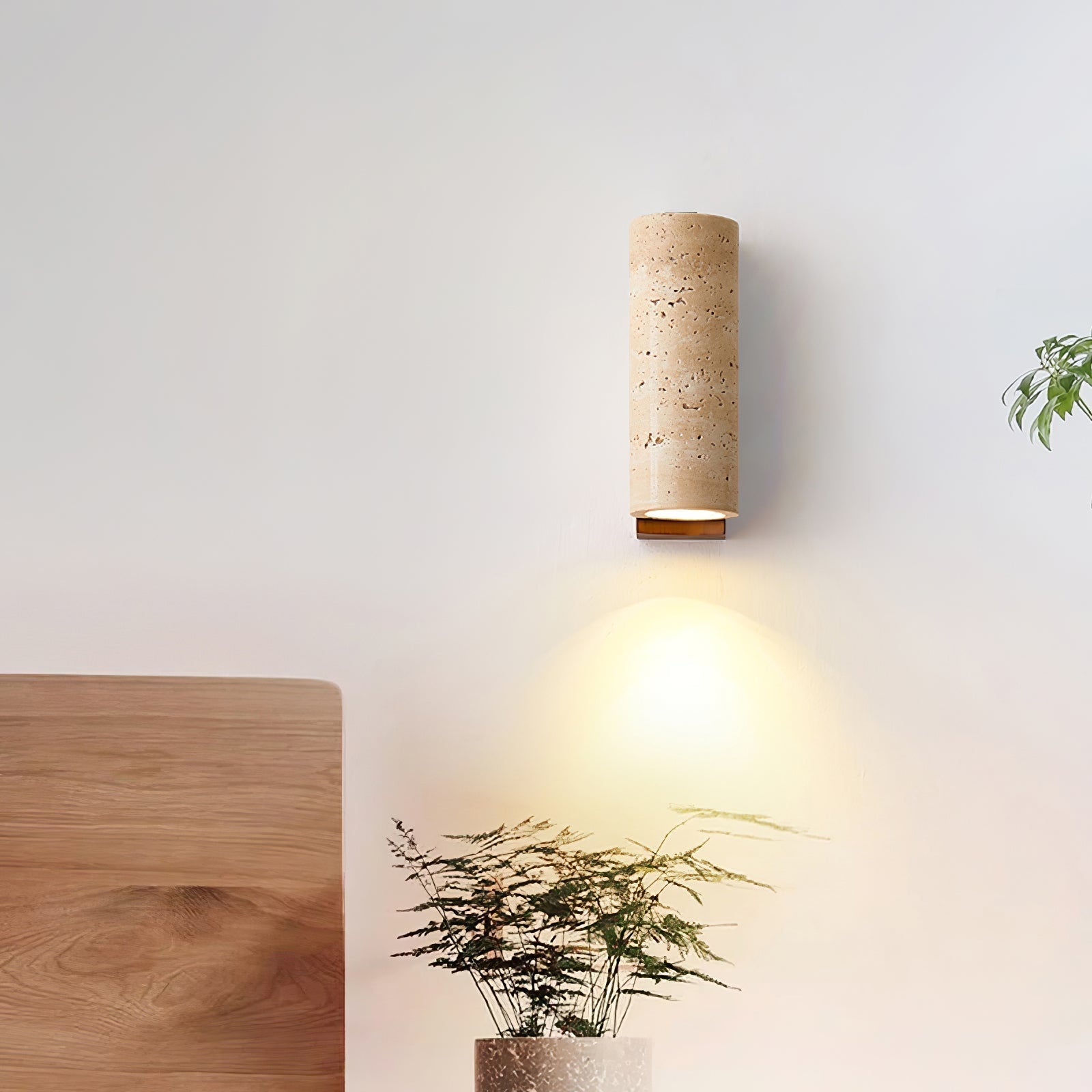 Minimalist Travertine Wall Light – Curved Shade with Wooden Accent Detail