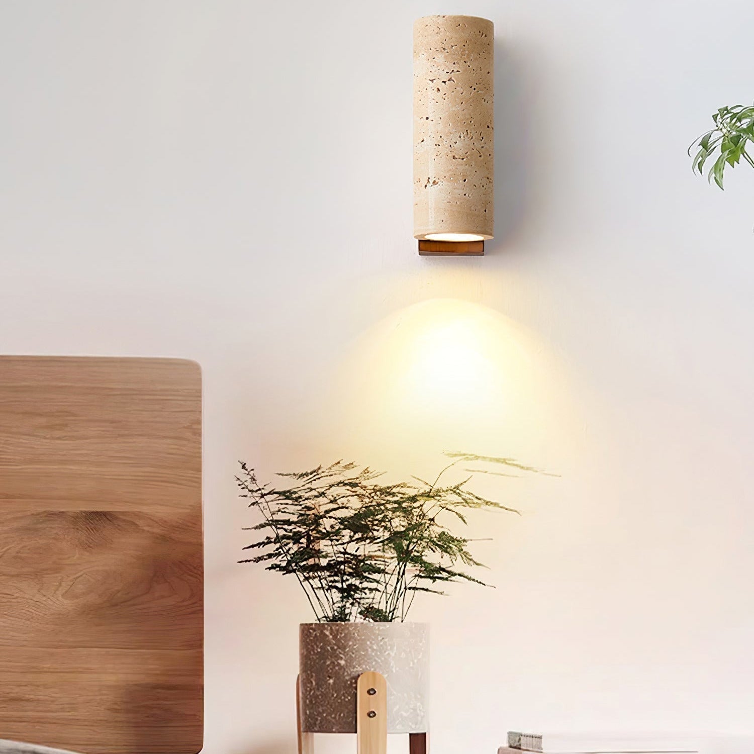 Minimalist Travertine Wall Light – Curved Shade with Wooden Accent Detail