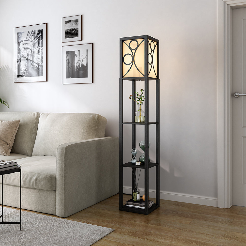 Contemporary Floor Lamp with Three Wooden Shelves
