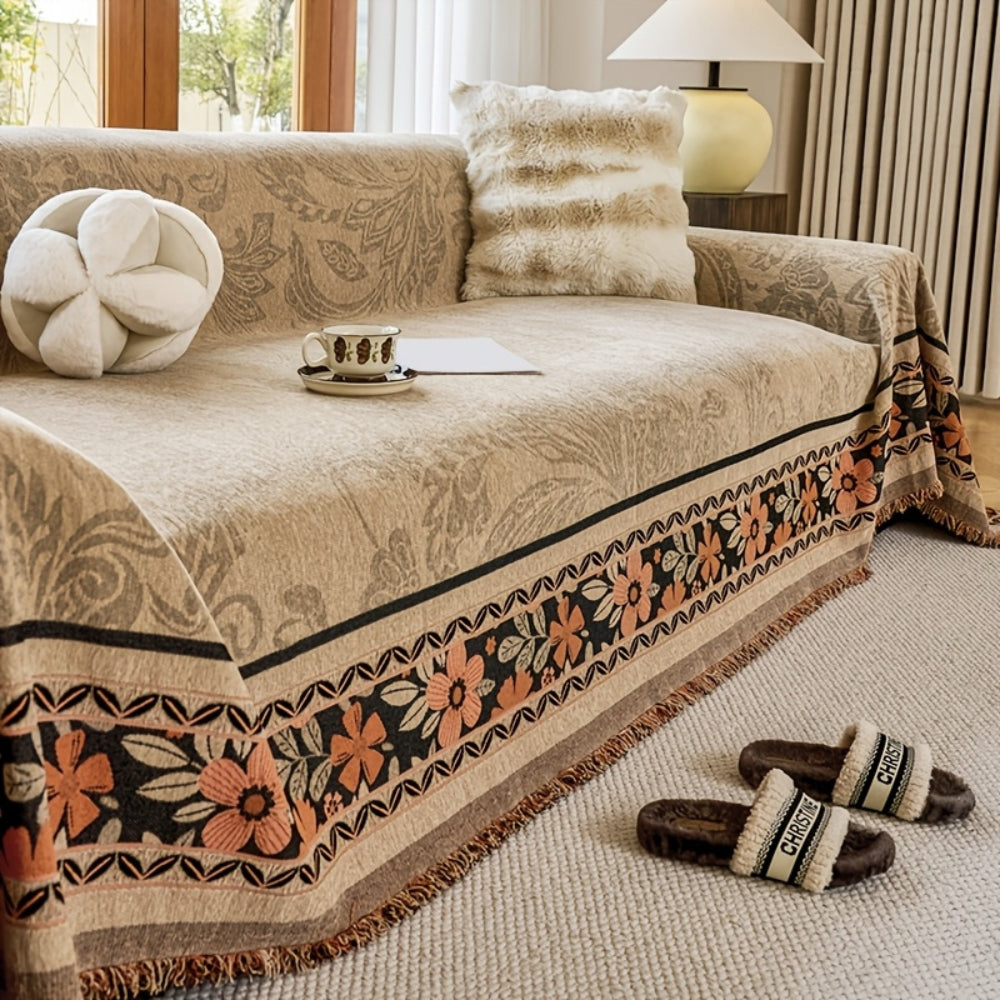 Stylish Tasseled Sofa Throw with Floral Bohemian Design