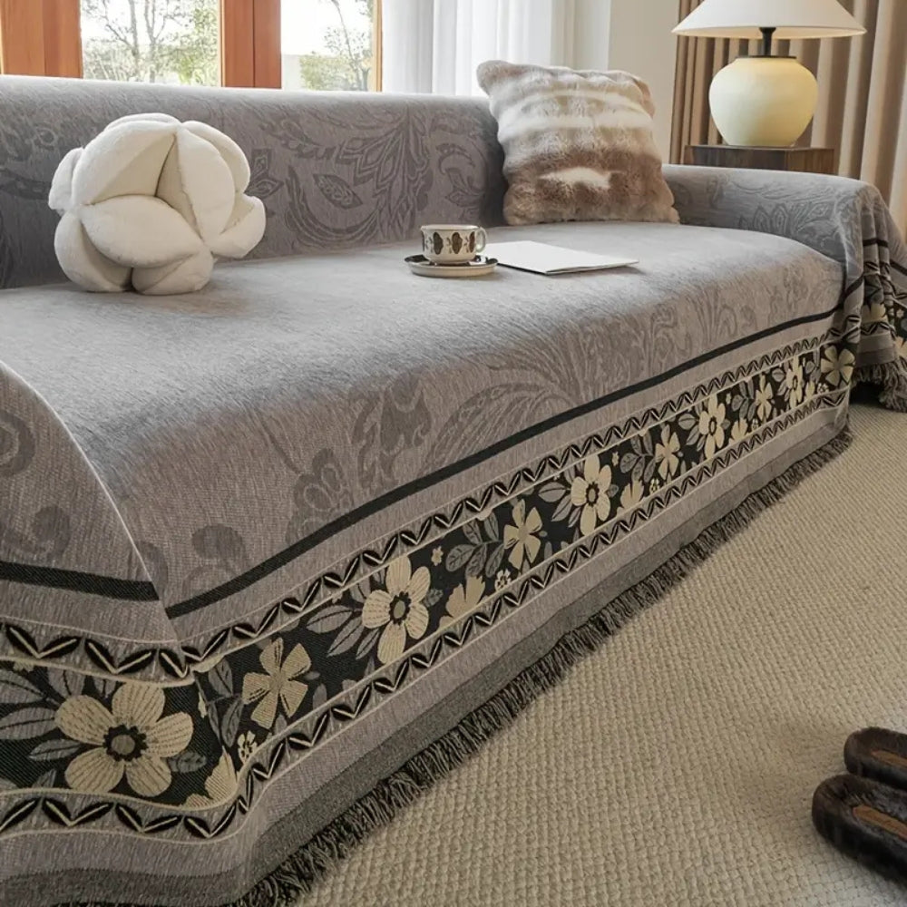 Stylish Tasseled Sofa Throw with Floral Bohemian Design