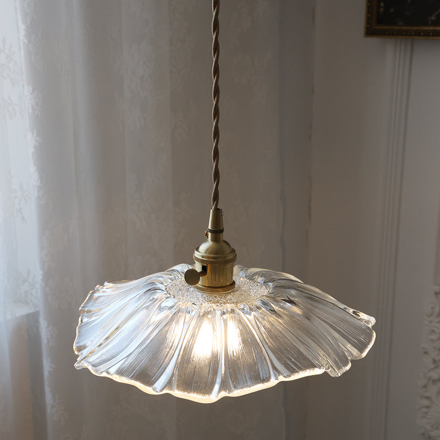 Flower-Shaped Pendant Light – Clear Glass Petals with Retro Brass Details