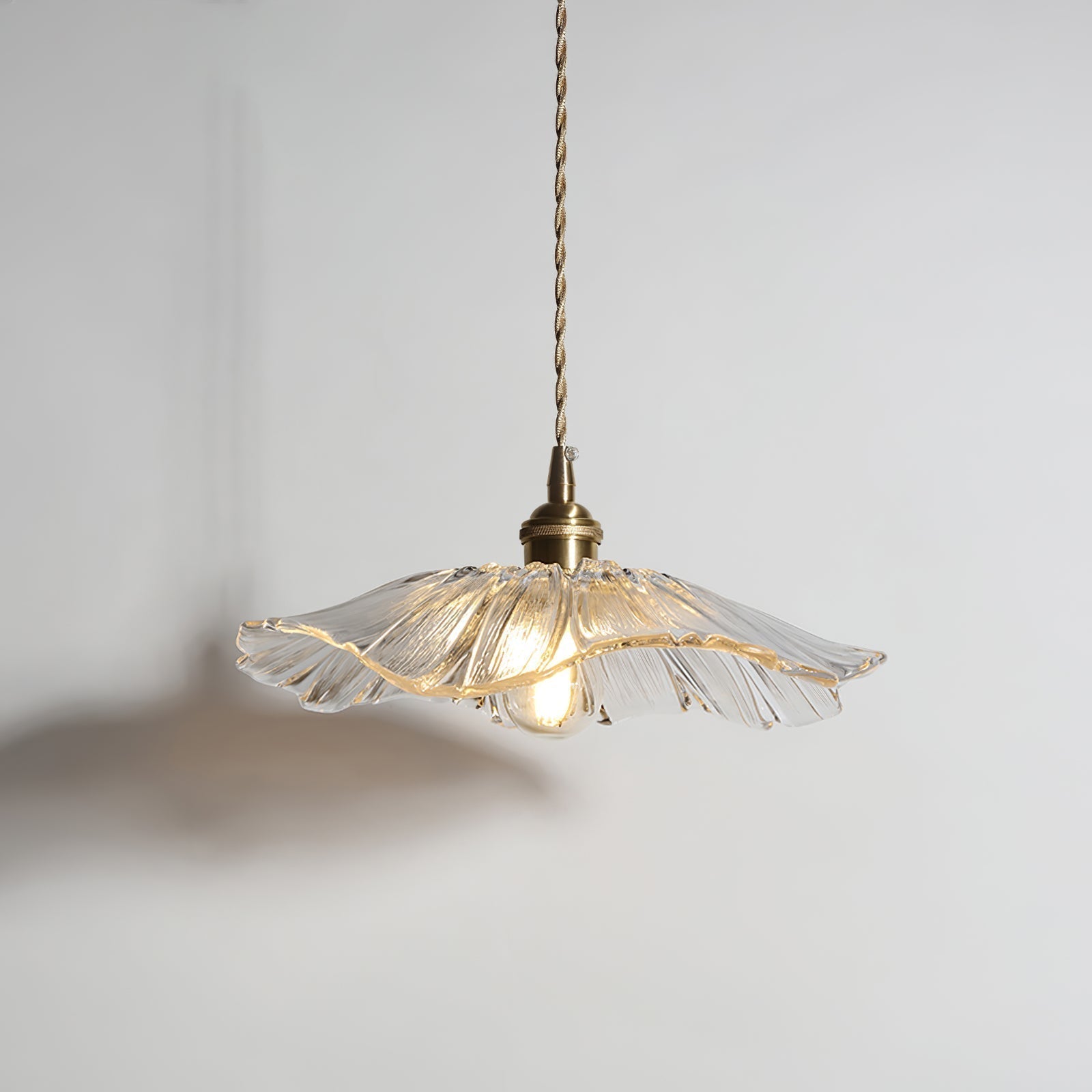 Flower-Shaped Pendant Light – Clear Glass Petals with Retro Brass Details