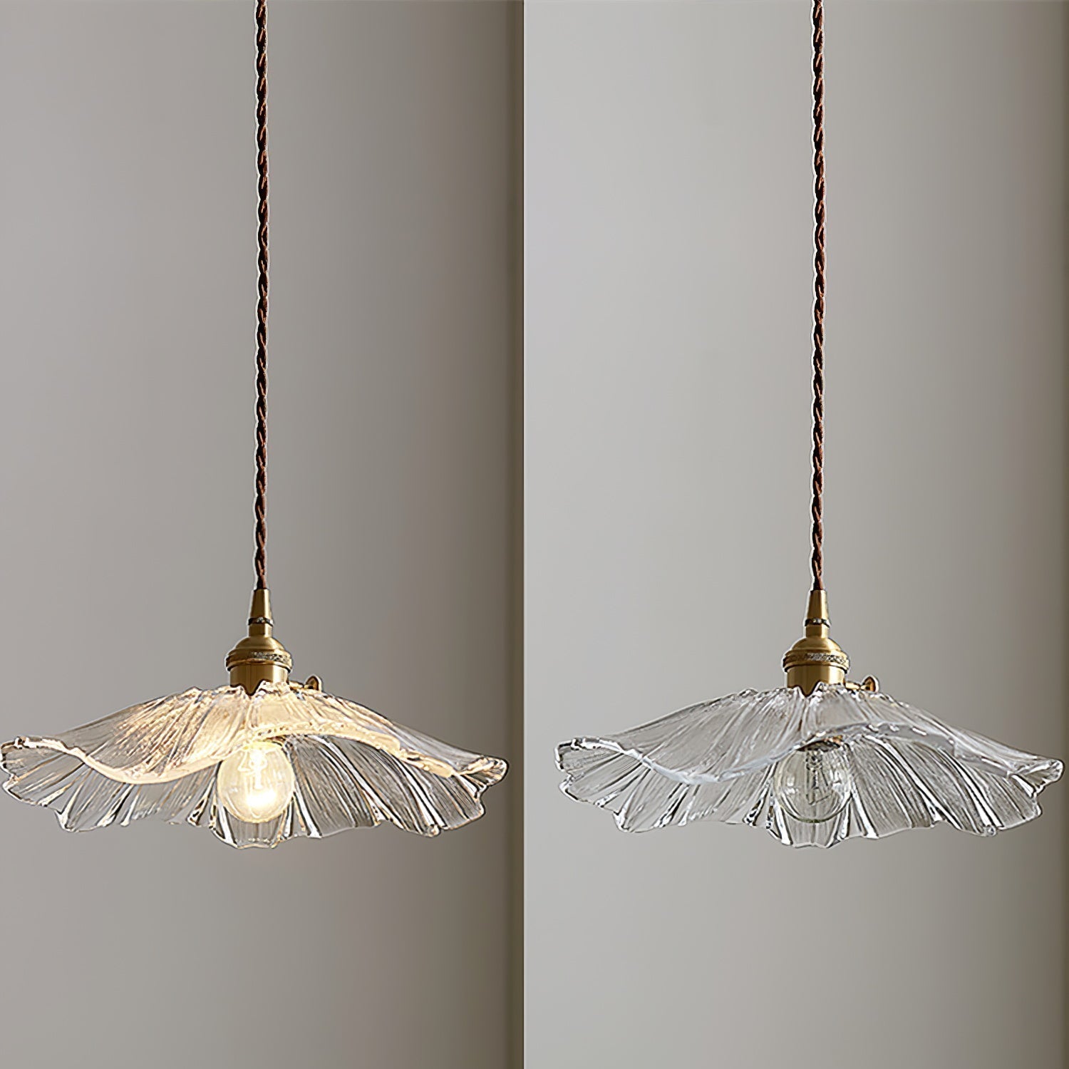 Flower-Shaped Pendant Light – Clear Glass Petals with Retro Brass Details