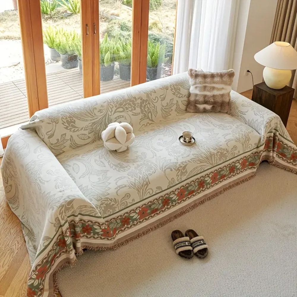 Stylish Tasseled Sofa Throw with Floral Bohemian Design