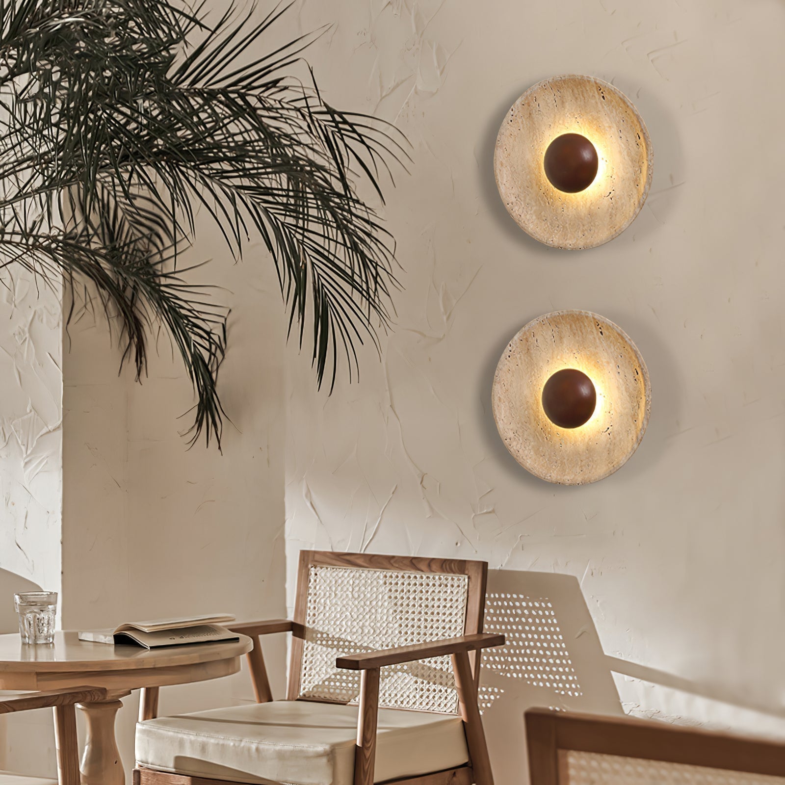 Modern Decorative Wall Light – Travertine and Wood Warm LED Fixture