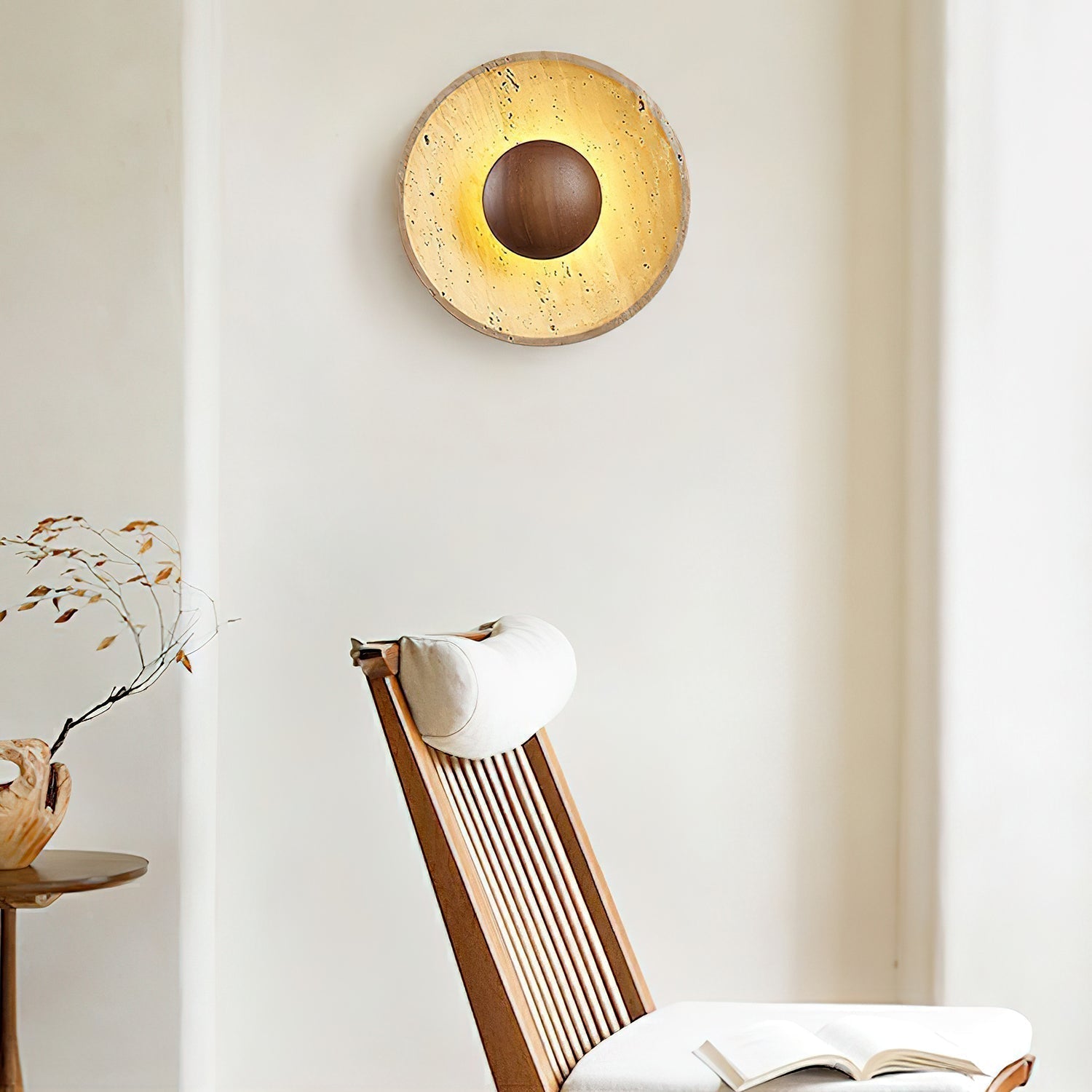 Modern Decorative Wall Light – Travertine and Wood Warm LED Fixture