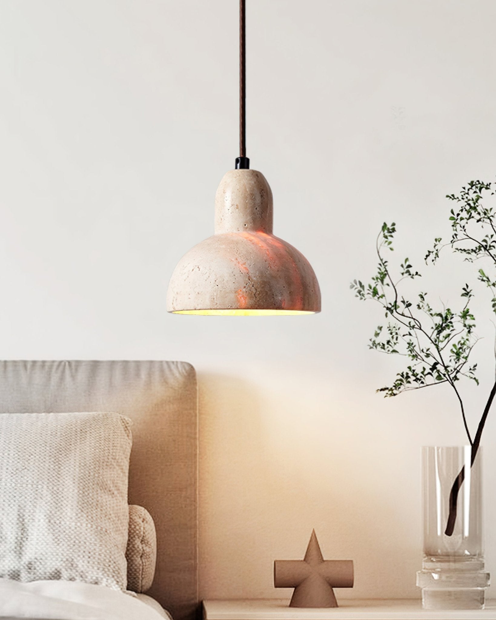 Artistic Dome Travertine Pendant Light – Cone Shade, Black & Yellow Finish