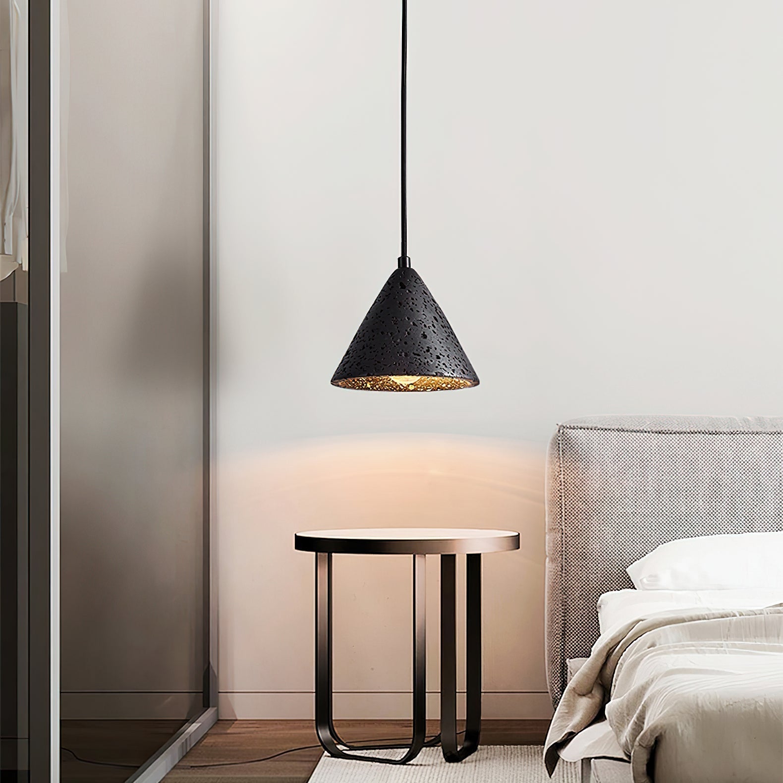 Artistic Dome Travertine Pendant Light – Cone Shade, Black & Yellow Finish