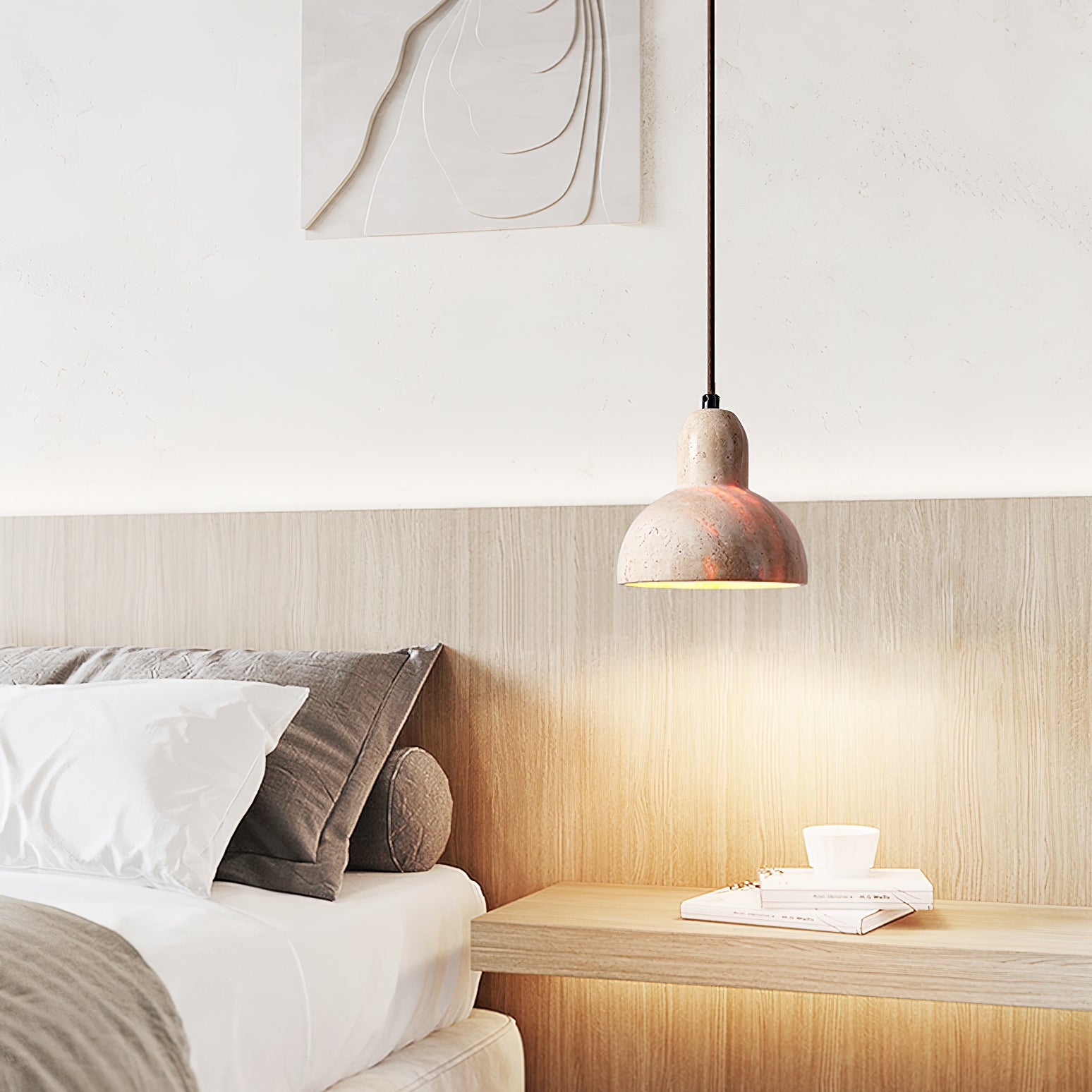 Artistic Dome Travertine Pendant Light – Cone Shade, Black & Yellow Finish