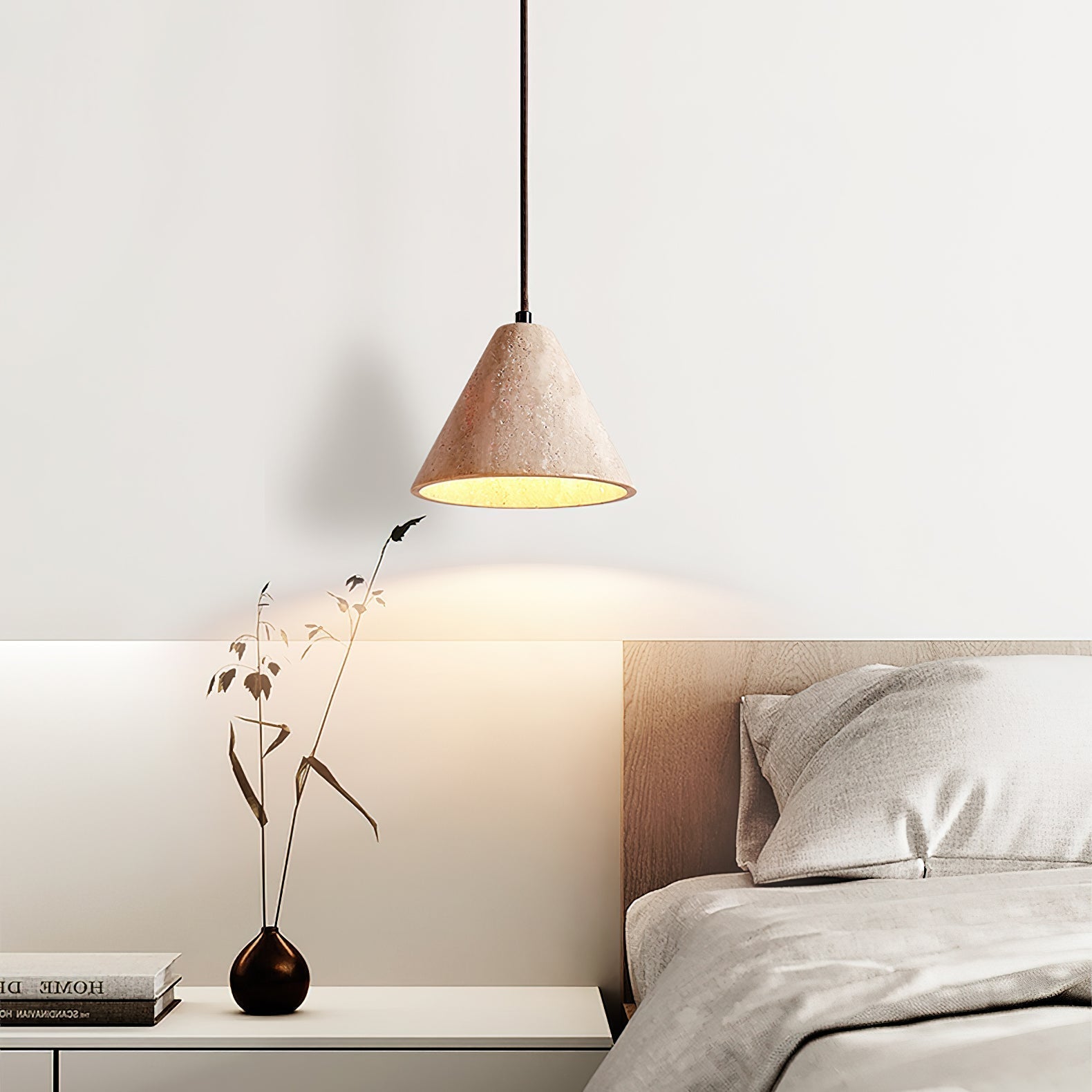 Artistic Dome Travertine Pendant Light – Cone Shade, Black & Yellow Finish