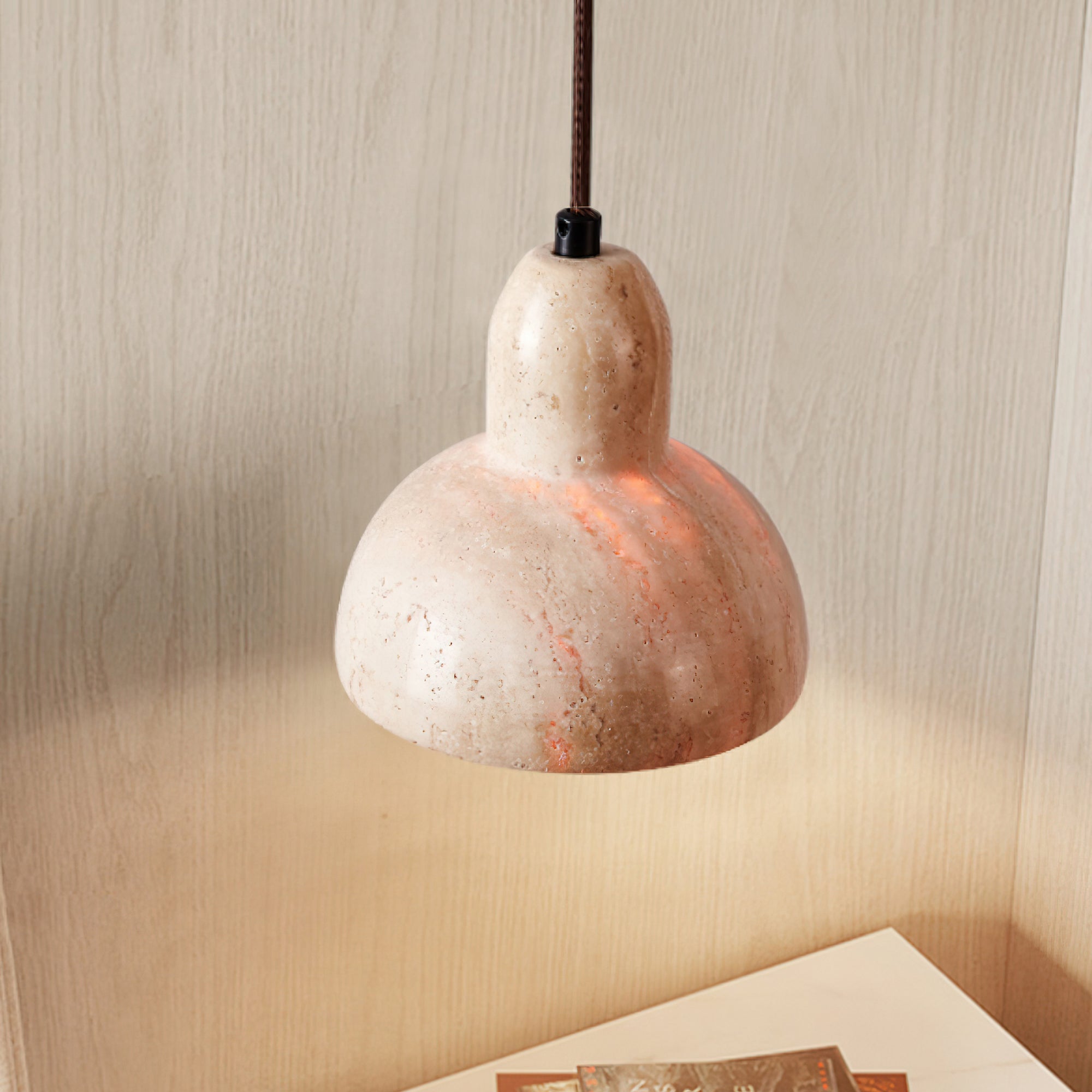 Artistic Dome Travertine Pendant Light – Cone Shade, Black & Yellow Finish