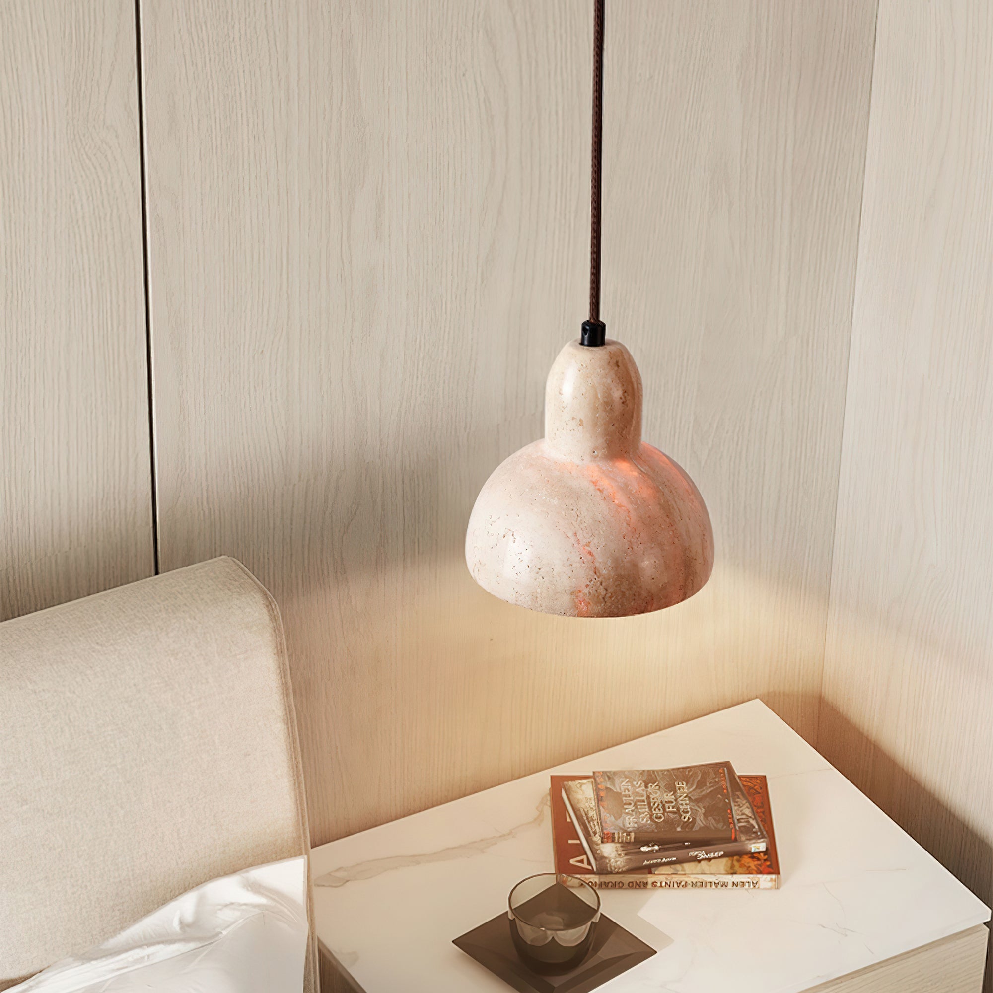 Artistic Dome Travertine Pendant Light – Cone Shade, Black & Yellow Finish