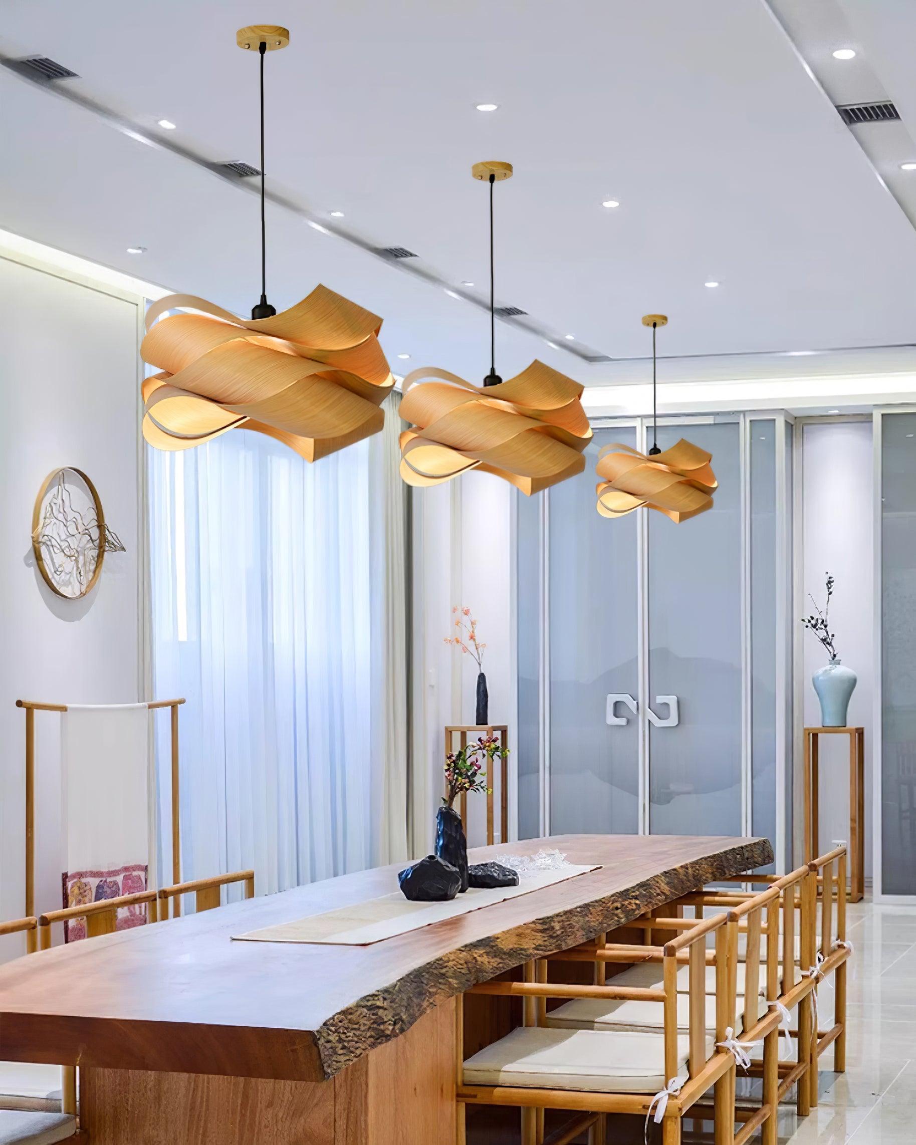 Wood Veneer Wave Curve Pendant Light – Handmade Oak
