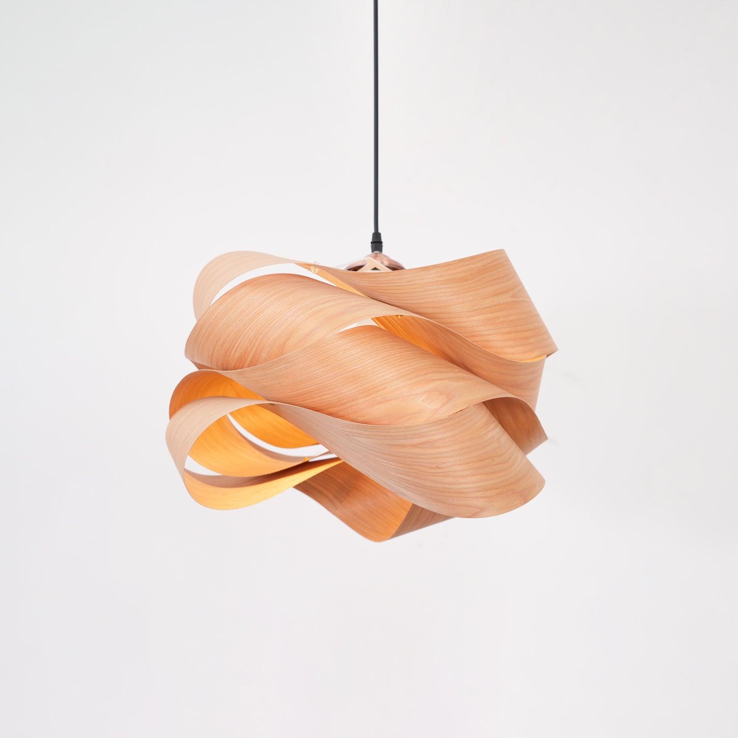 Wood Veneer Wave Curve Pendant Light – Handmade Oak
