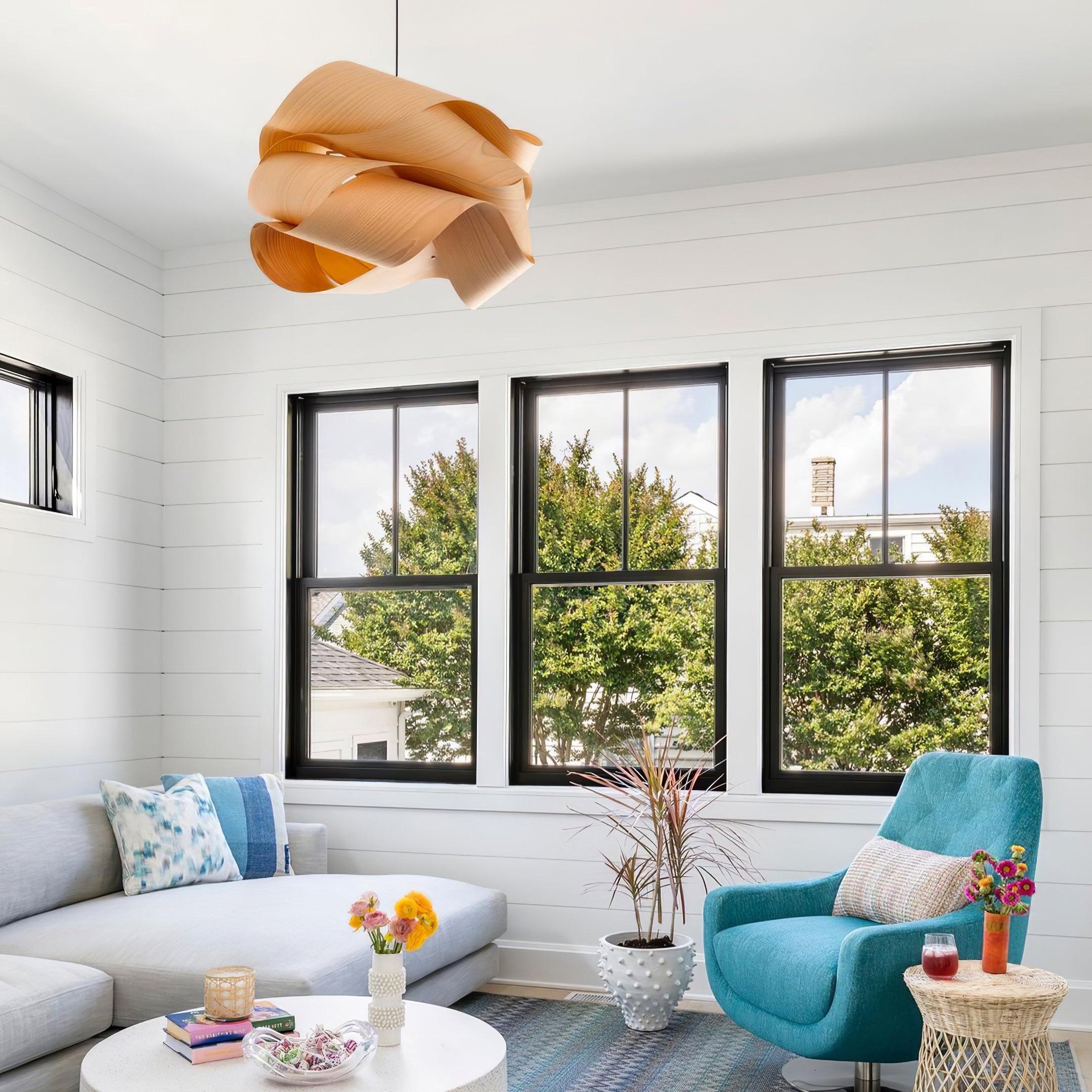 Wood Veneer Wave Curve Pendant Light – Handmade Oak