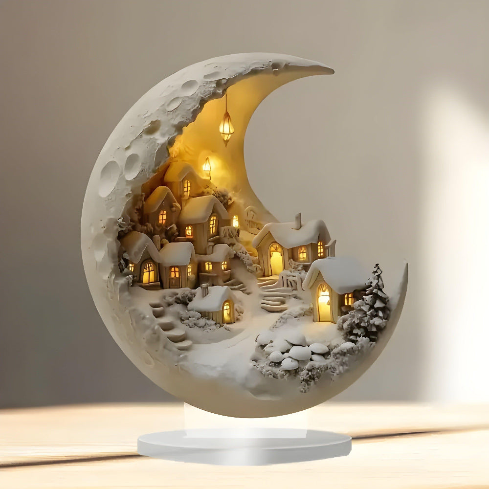 Acrylic Moon and Village Scene Figurine – Minimalist Home Ornament