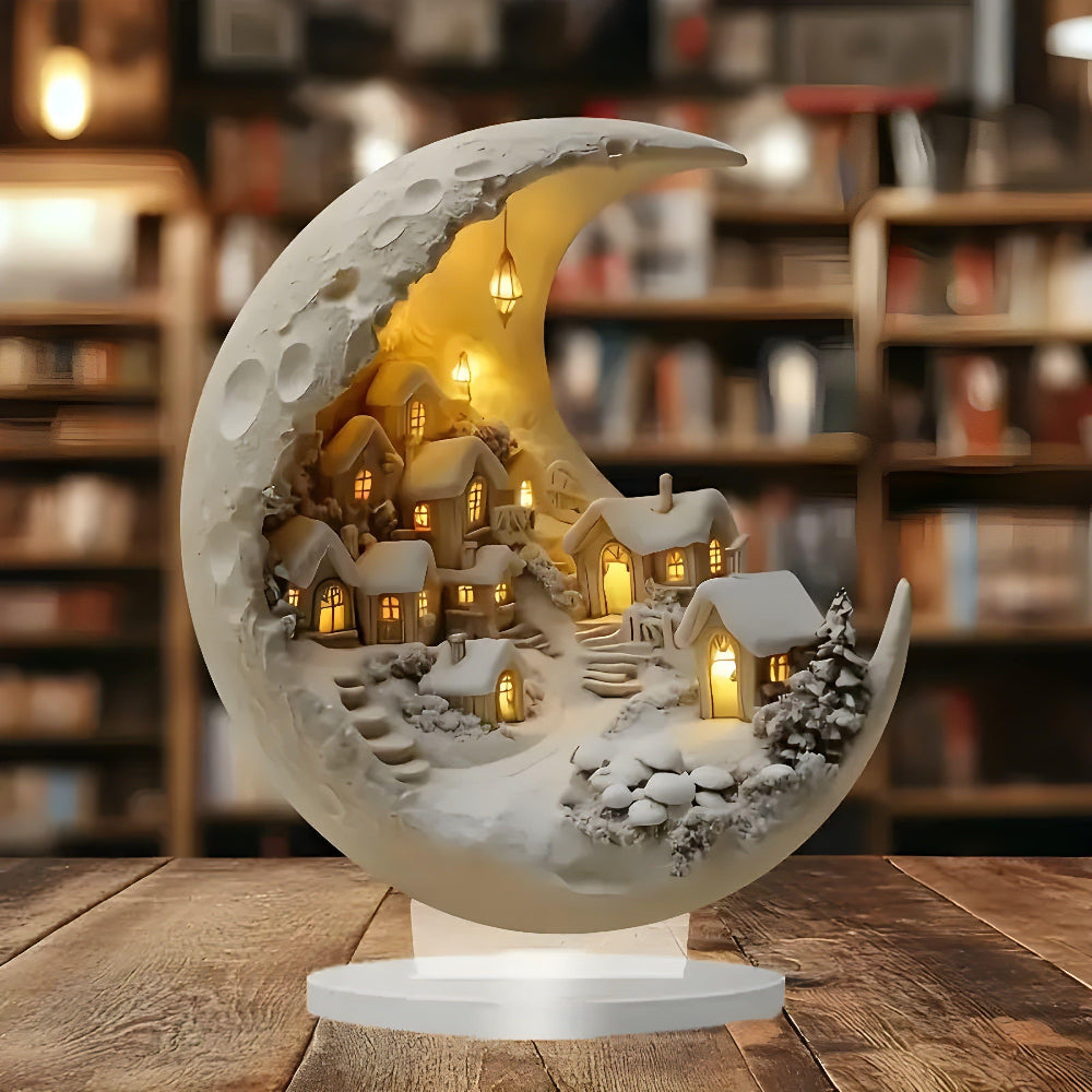 Acrylic Moon and Village Scene Figurine – Minimalist Home Ornament