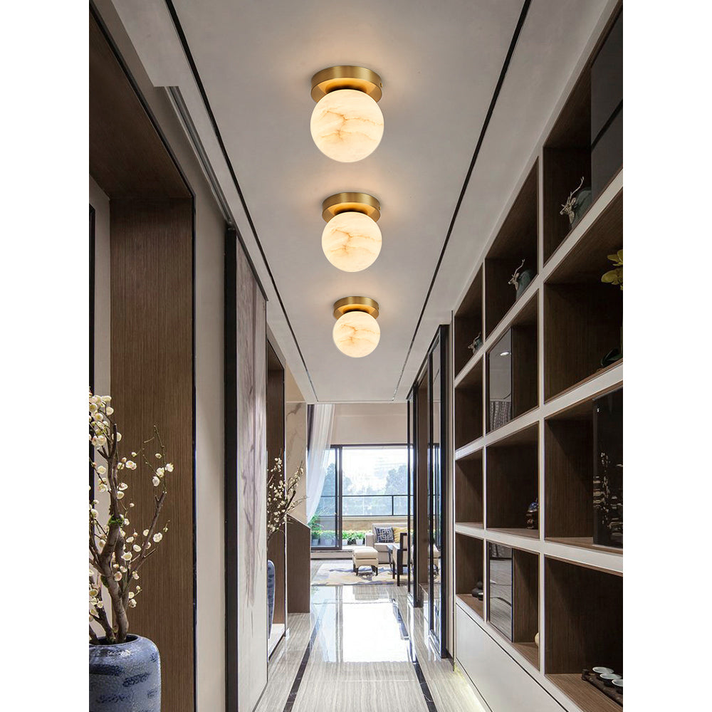 Alabaster and Brass Ceiling Light – Compact Flush Mount Fixture