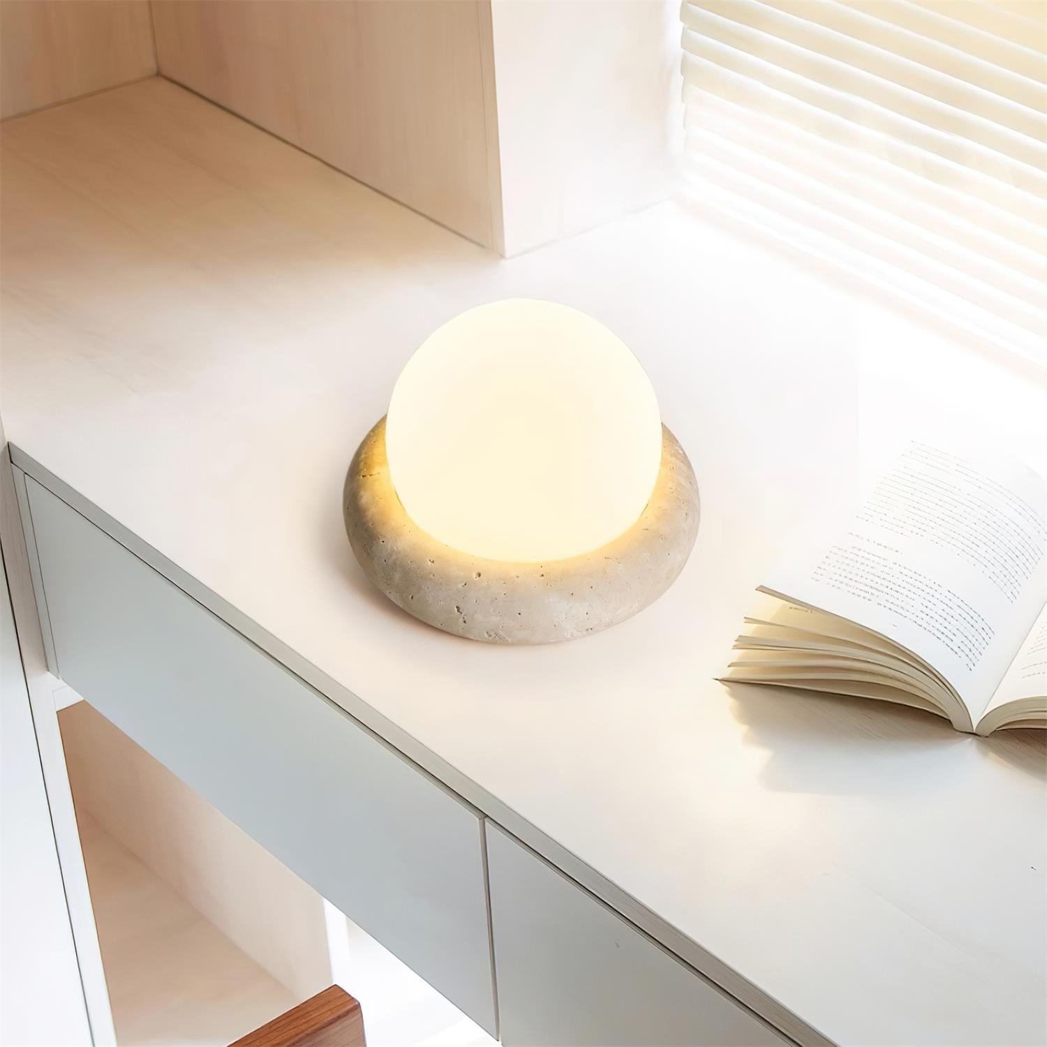 Modern Beige Travertine Table Lamp – Soft Ambient Lighting
