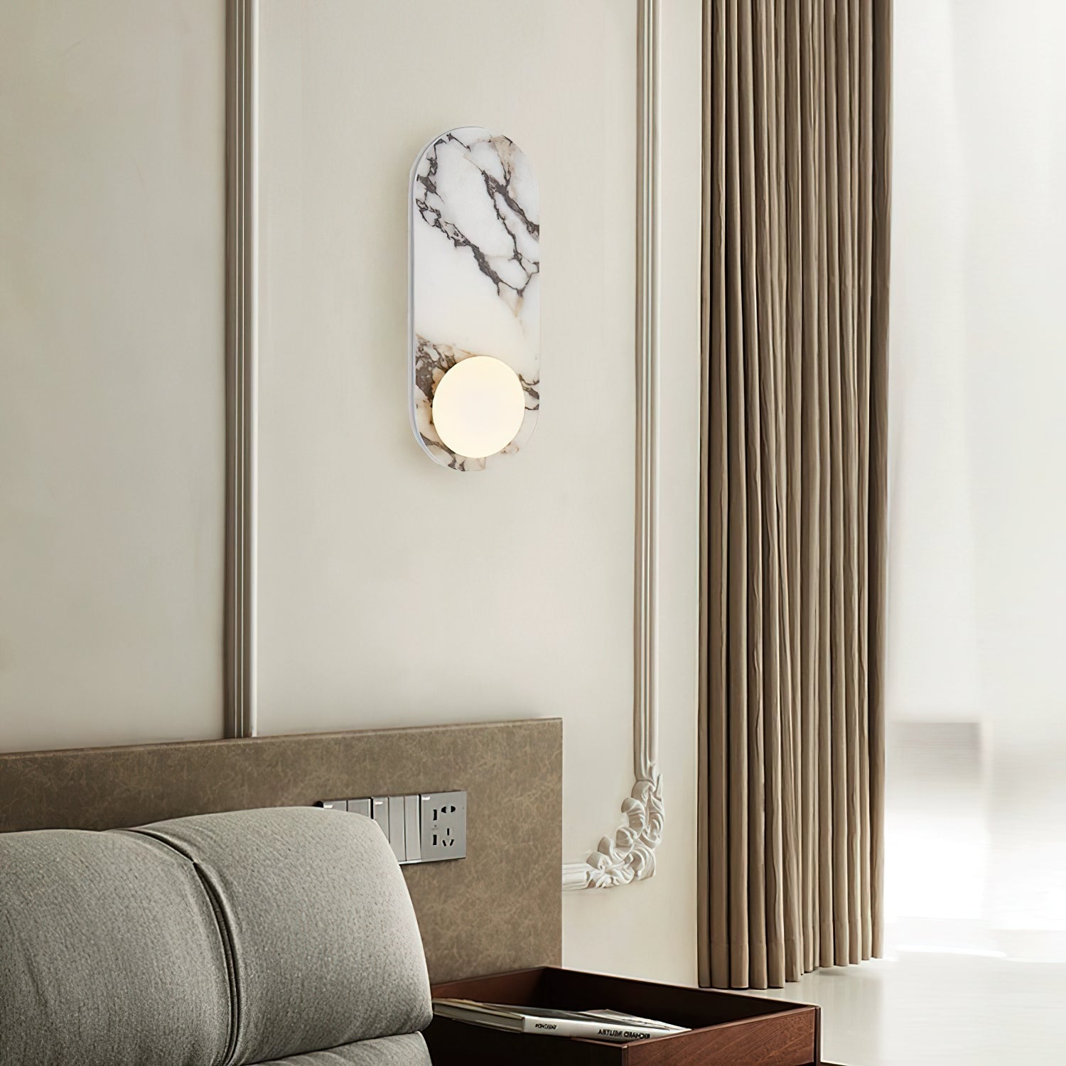 Marble Wall Sconce with Opaline Glass Globe – Mid-Century Inspired Light