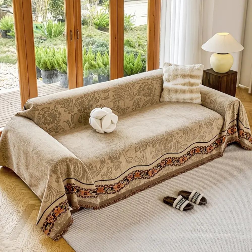 Stylish Tasseled Sofa Throw with Floral Bohemian Design