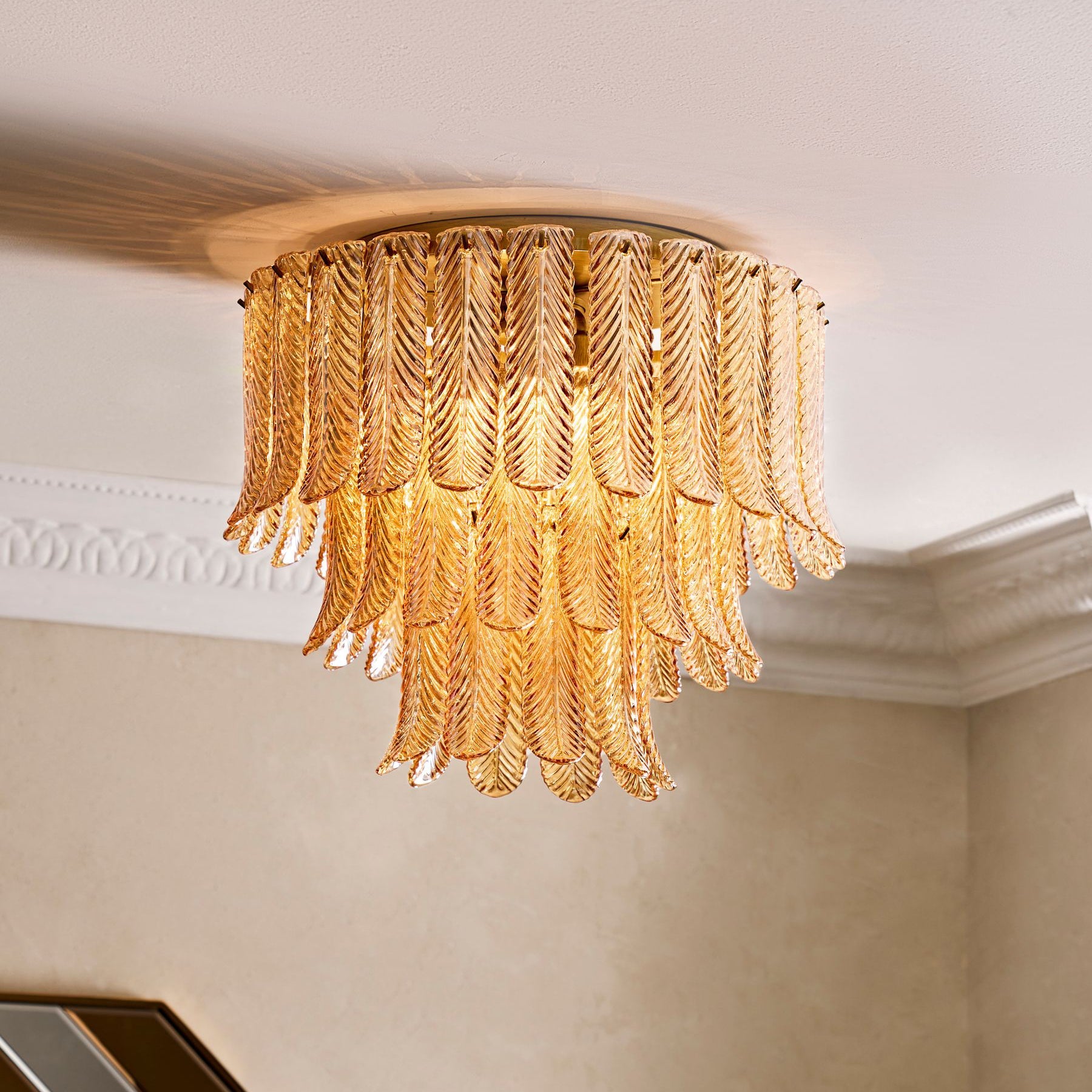 Feather-Inspired Glass Ceiling Light – Brass Plume Modern Fixture