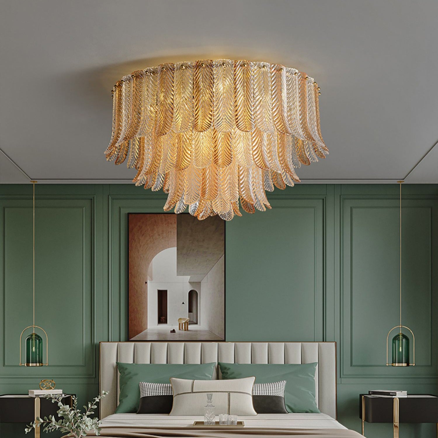 Feather-Inspired Glass Ceiling Light – Brass Plume Modern Fixture