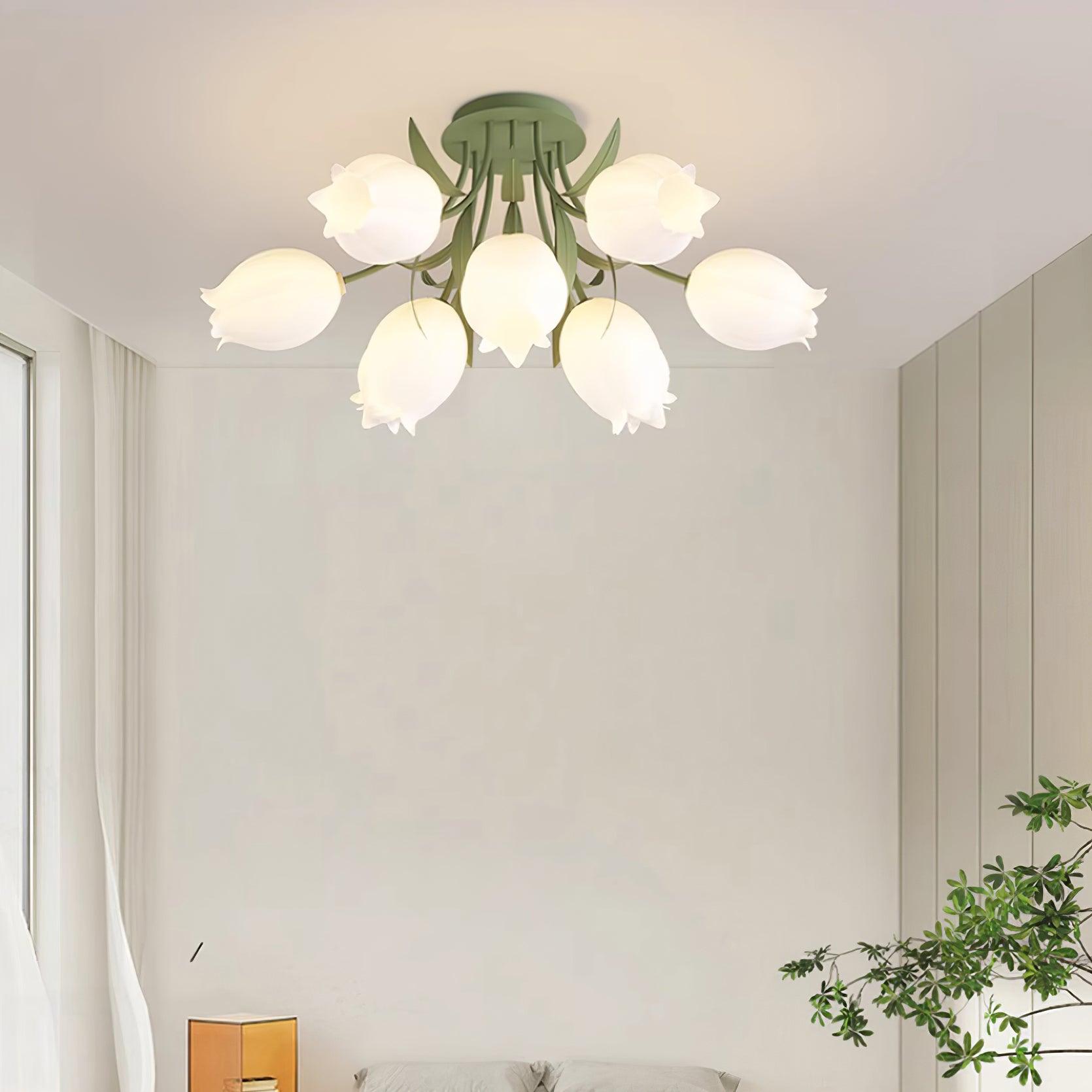 Floral Ceiling Lamp with Cream-White Lily Shades – Iron Frame