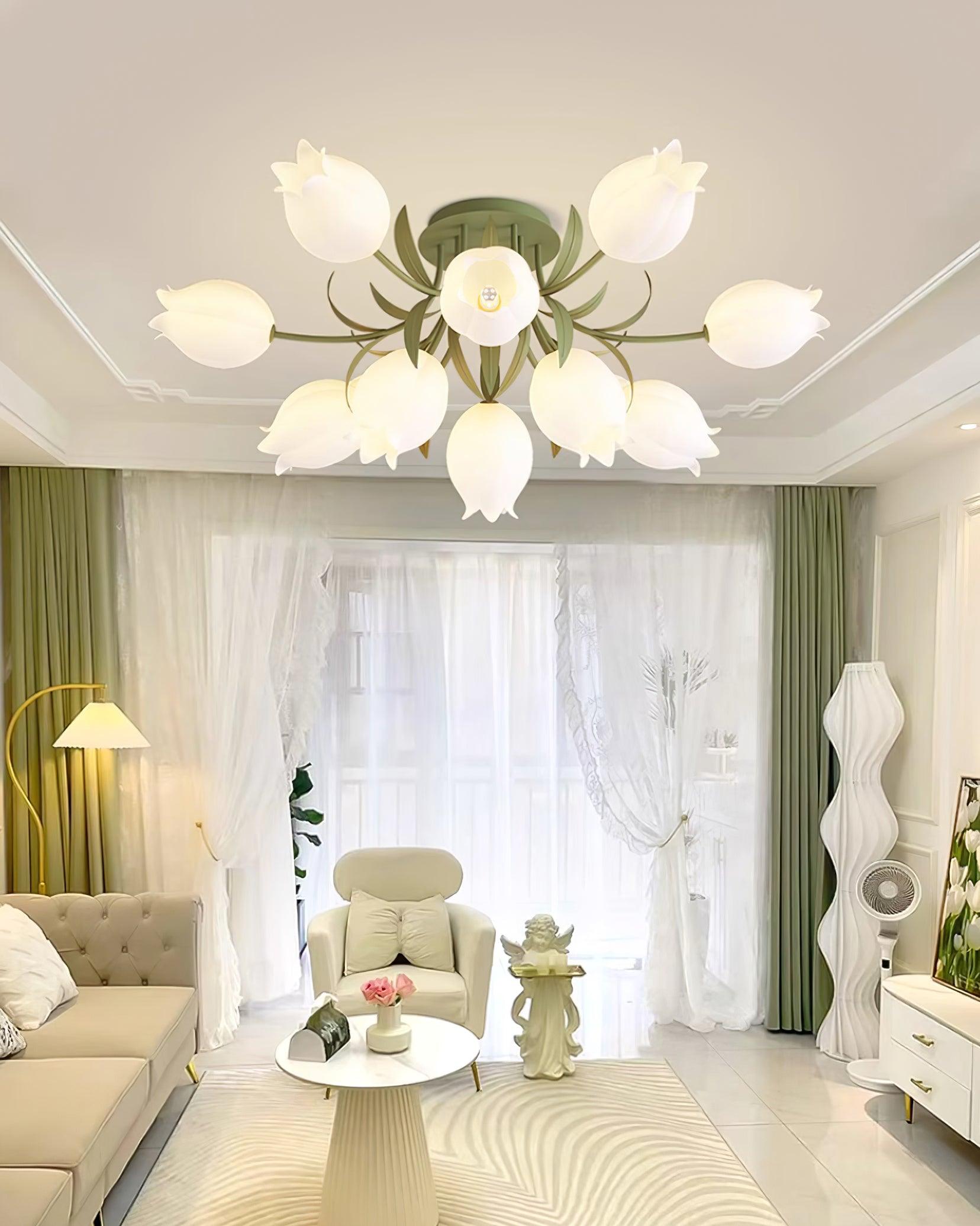 Floral Ceiling Lamp with Cream-White Lily Shades – Iron Frame