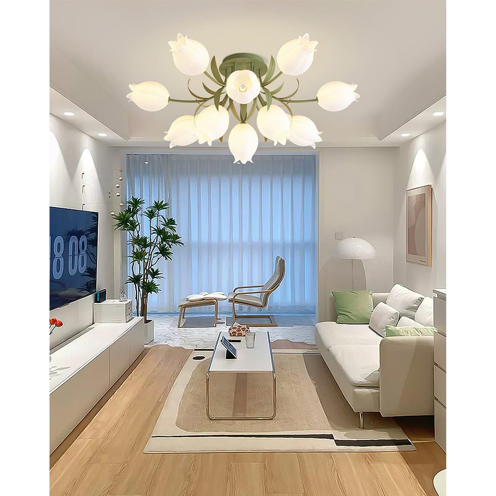 Floral Ceiling Lamp with Cream-White Lily Shades – Iron Frame